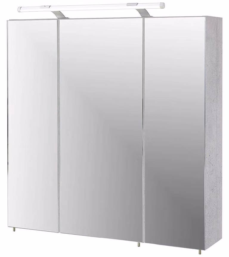 Specchio con armadietto, dimensioni 70x75x16 cm, 3 ante, illuminazione a LED, 6 ripiani in vetro, colore grigio pietra/bianco