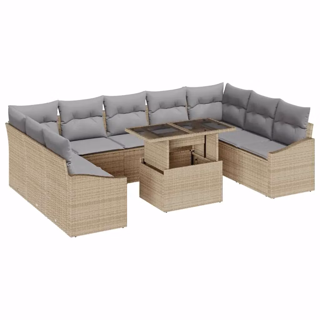 Set di divani da giardino vidaXL a forma di U in polyrattan con cuscini beige e grigio chiaro e tavolino da esterno – 2