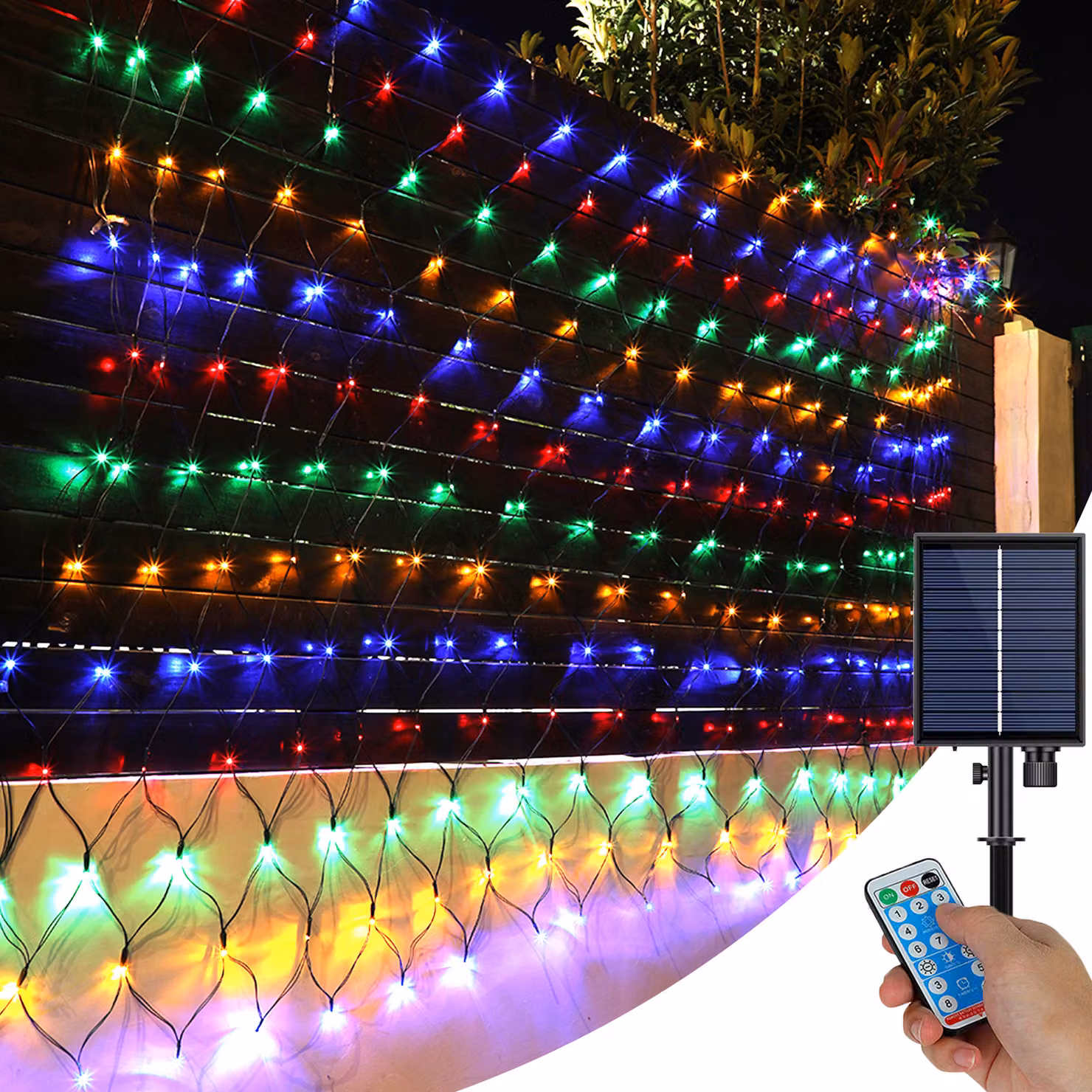Solar Fairy Lights Outdoor Outdoor Led Light Net, 1.5x1.5M impermeabile luce tenda luce per partito giardino cespugli balcone decorazione, colorato
