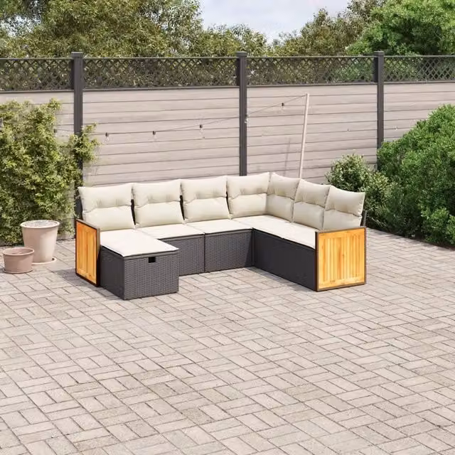 Set di Divani da Giardino a Forma di L vidaXL con 7 Cuscini, Struttura in Metallo e Polyrattan, Colore Nero e Bianco – 1