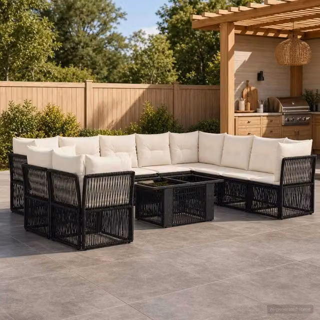 Set Divano da Giardino Moderno vidaXL in Polyrattan Nero con Cuscini e Tavolino da 11 Pezzi