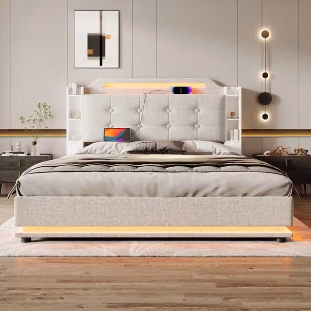 Letto contenitore Mivray in lino beige con sollevamento idraulico, illuminazione LED, porte USB e Type-C e vani laterali, L/P/H: 140 x 200 x 65 cm – 1