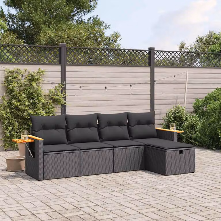 vidaXL Set Divani da Giardino 5 pz a Forma a L con Cuscini in Polyrattan e Acciaio Nero