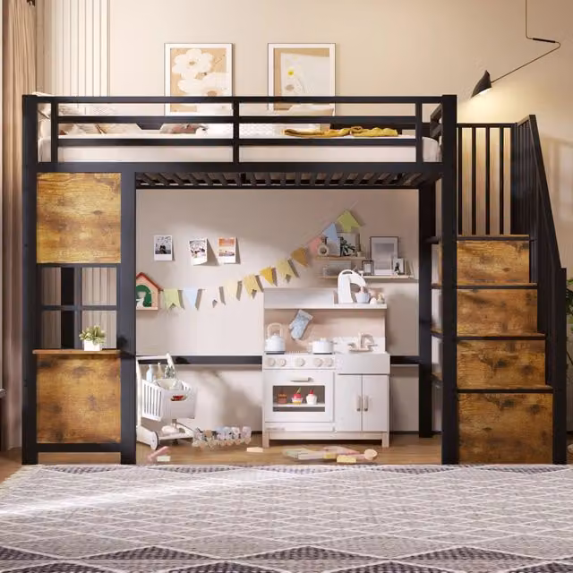 Letto a soppalco per bambini 90x200 cm in metallo e MDF con scala contenitore; nero e bianco
