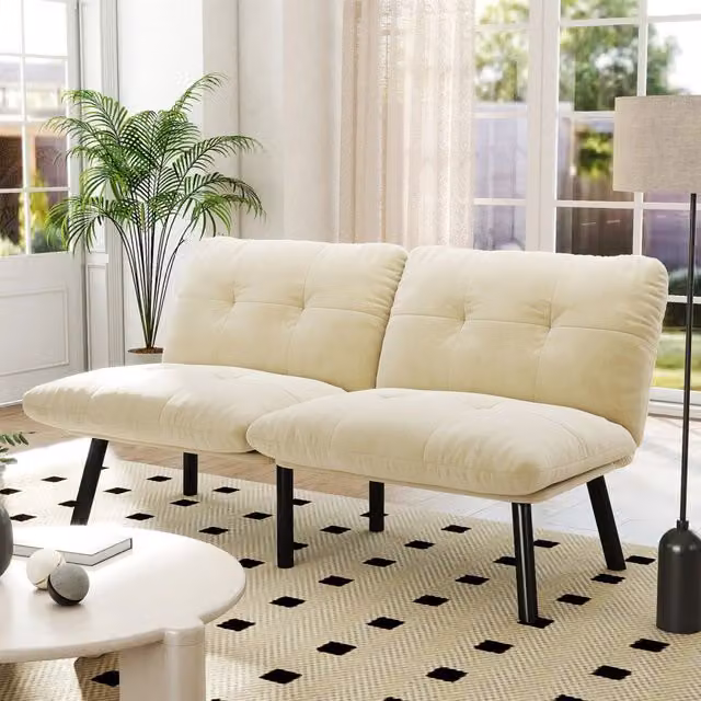 Divano letto pieghevole da 2 posti WISHDOR in velluto color beige con struttura in metallo per soggiorno e camera da letto