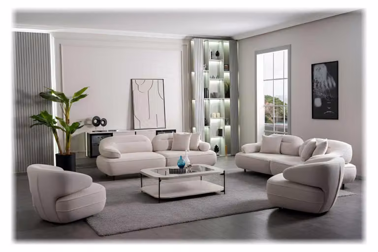 Divano, poltrona, tavolino da salotto, stile moderno, colore beige, morbido, comodo, quadrato