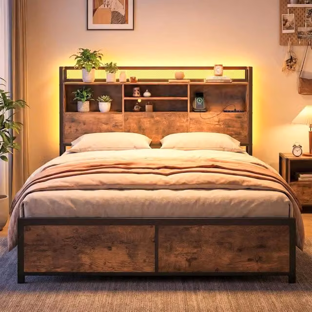 Letto a Piattaforma in Metallo COSTWAY con Testiera Contenitore, Ripiani Laterali e Porta USB, Stile Industriale, L/P/H: 140 x 200 x 143 cm, Colore Nero/Marrone