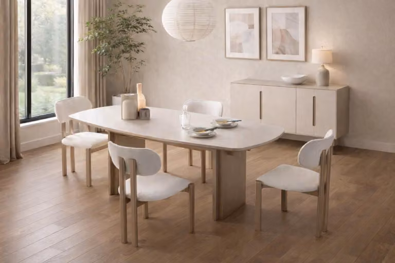 Set da pranzo moderno color beige, composto da: tavolo da pranzo e 5 sedie imbottite