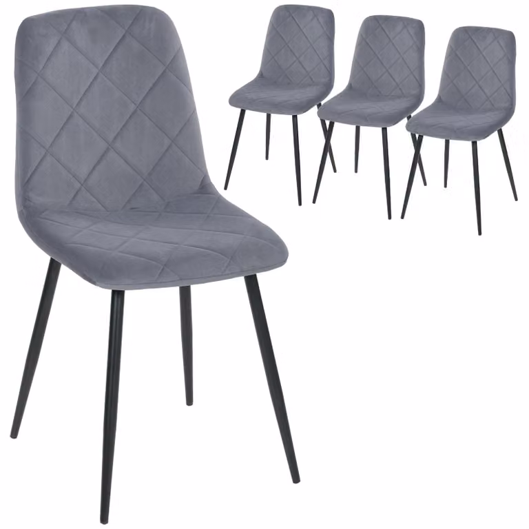 Set di 4 sedie da pranzo - Moderne sedie imbottite con braccioli - Rivestimento effetto velluto - Schienale imbottito - Gambe in metallo - Grigio scuro