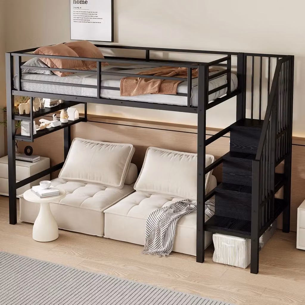 Letto a soppalco singolo REDOM nero con scala contenitore e ripiani laterali per cameretta bambini L/P/H: 200 x 90 x 160 cm – 2