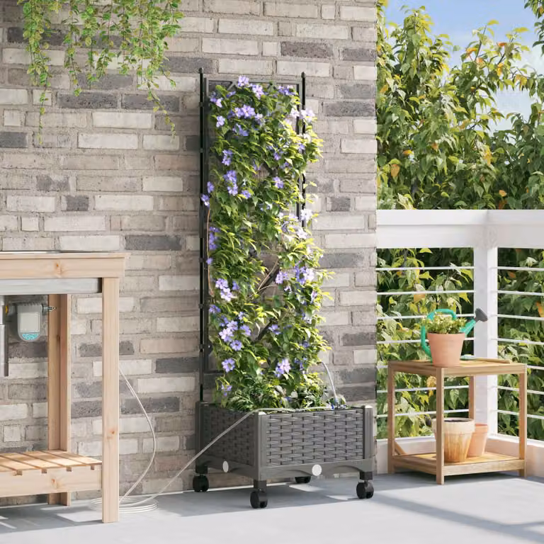 vidaXL Vaso da Giardino con Irrigazione e Ruote in Plastica Grigio Chiaro