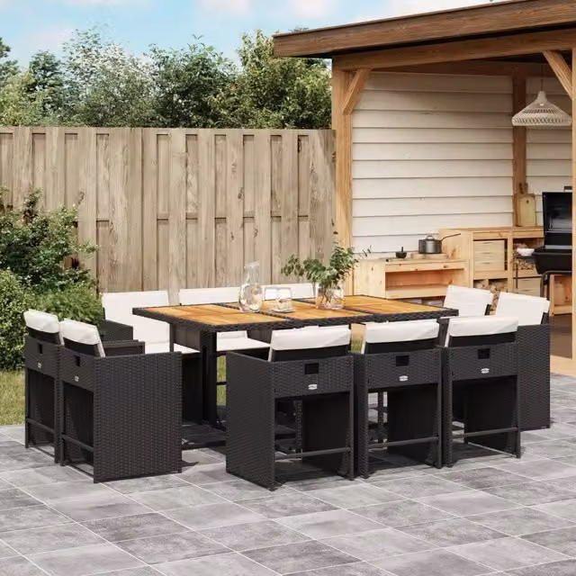 Set da Pranzo da Giardino 11 pz con Cuscini in Polyrattan Nero 3277982