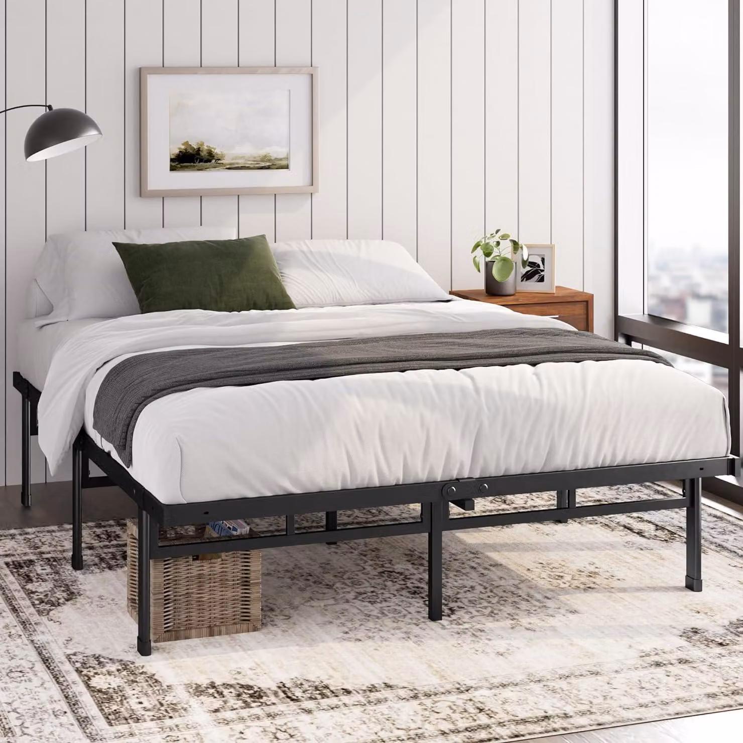 Letto a piattaforma 160x200 cm, in metallo, nero, altezza 36 cm, con spazio contenitore