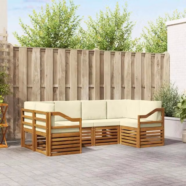 Set di divani da esterno a L vidaXL in legno di acacia con cuscini, beige e bianco – 1