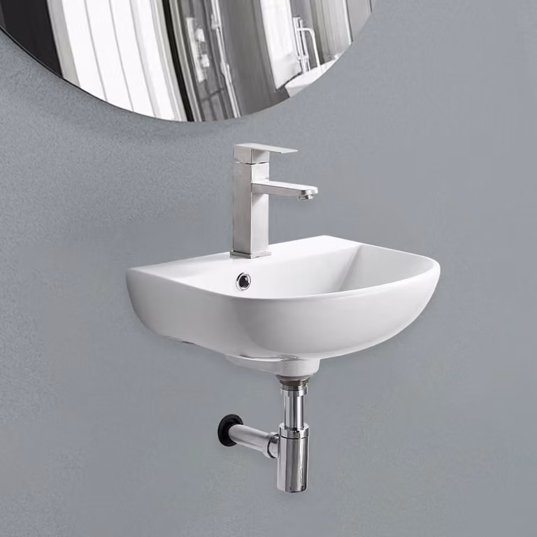 Lavabo da parete in Vetroceramica, bianco, sagomato, 43x36x18 cm, con troppofilo