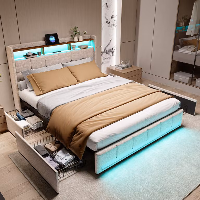 Letto 180x200 base LED e 2 USB, Type-C, letto imbottito letto matrimoniale con 4 cassetti, lino, beige