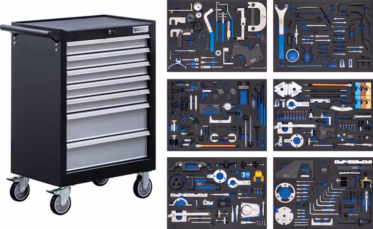 BGS Carrello da officina 7 cassetti Set di attrezzi per la regolazione del motore - 6076