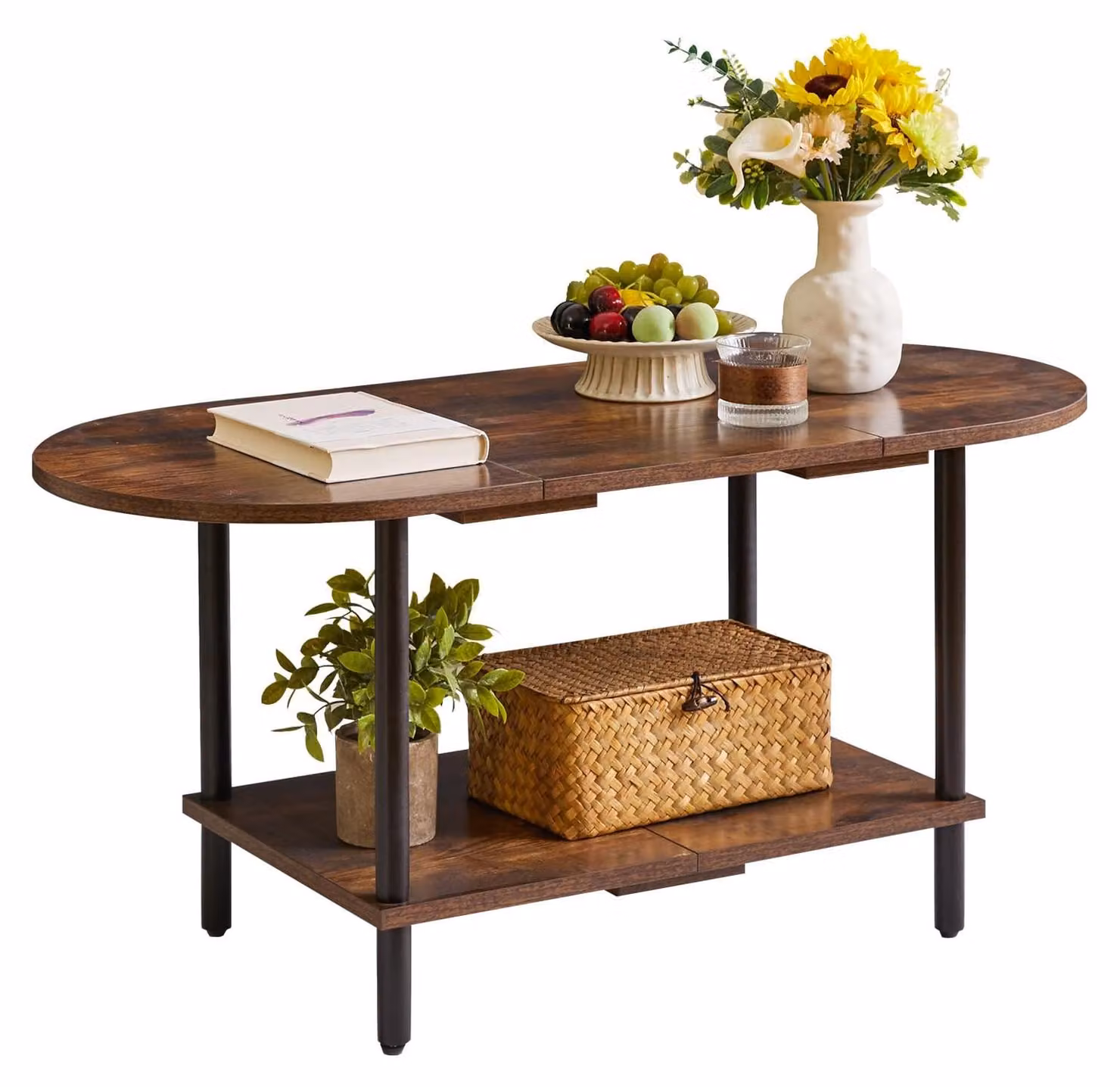 Tavolino da salotto - Con vano portaoggetti a 2 livelli - 89 x 41 x 43 cm - Marrone rustico e nero