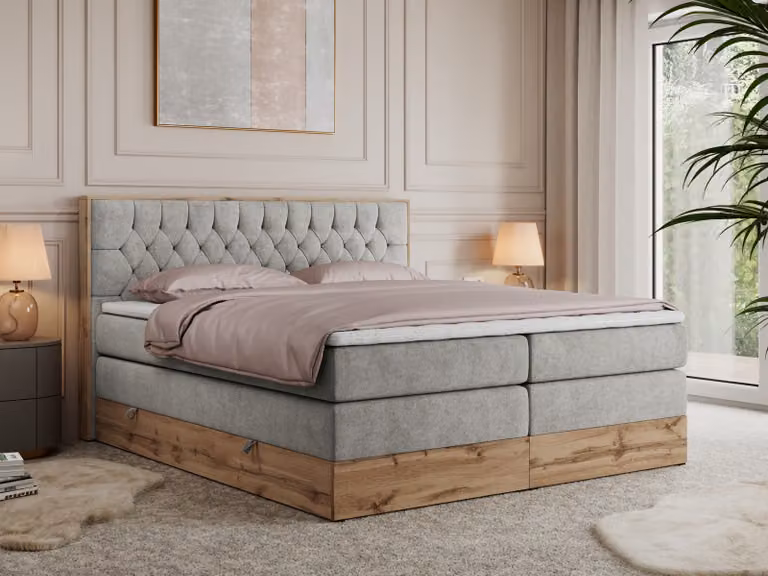 Letto continentale Boxspring AMORE KING con contenitore - 180x200 cm - Materasso H3 - Tessuto strutturato grigio chiaro - Topper T25
