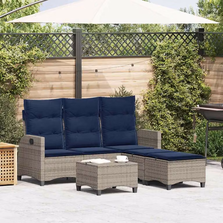 Set Divani da Giardino vidaXL a Forma di L in Polyrattan con Cuscini Blu e Grigio per Terrazza o Giardino