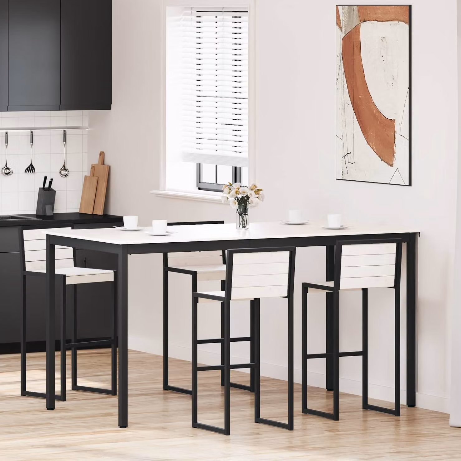vidaXL Tavolo da bar rettangolare in pino massello e metallo, Bianco, L: 200 cm, P: 100 cm, H: 105 cm