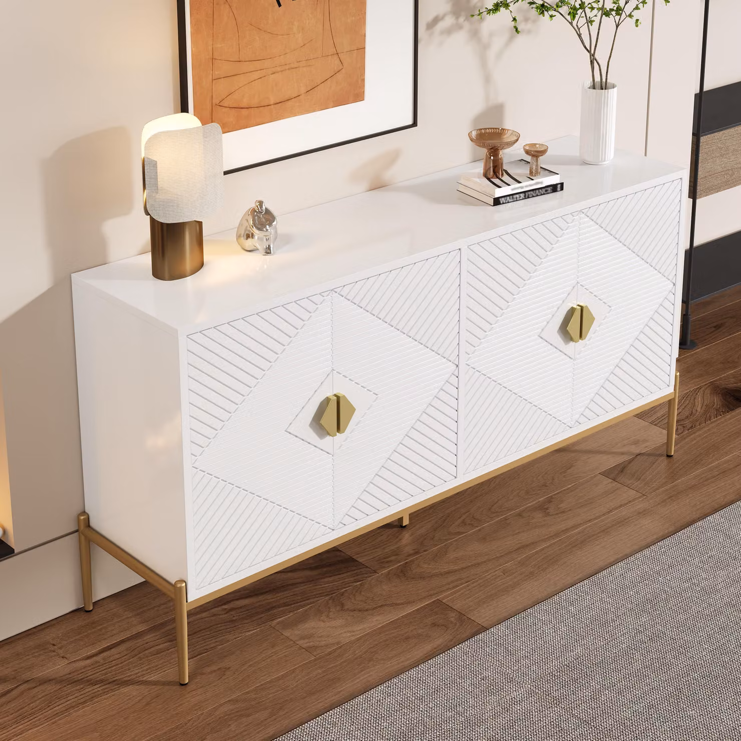 Credenza Merax a 4 ante, cassettiera con gambe in metallo dorato, mobile contenitore in MDF per soggiorno, sala da pranzo e corridoio, bianco