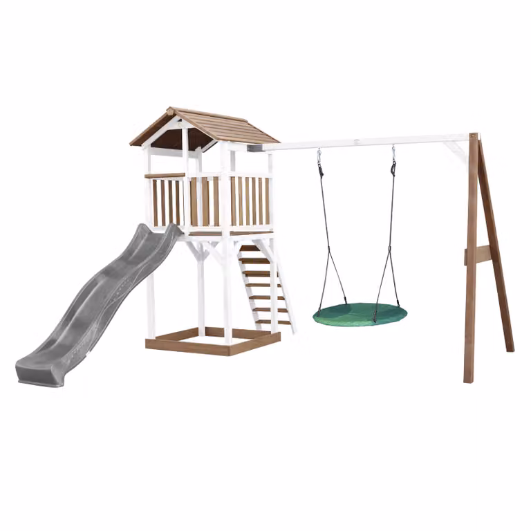 AXI Beach Tower parco giochi in legno in marrone e bianco | Torre di gioco con sabbiera, altalena a nido e scivolo grigio | Casa per bambini su palafitte per il giardino
