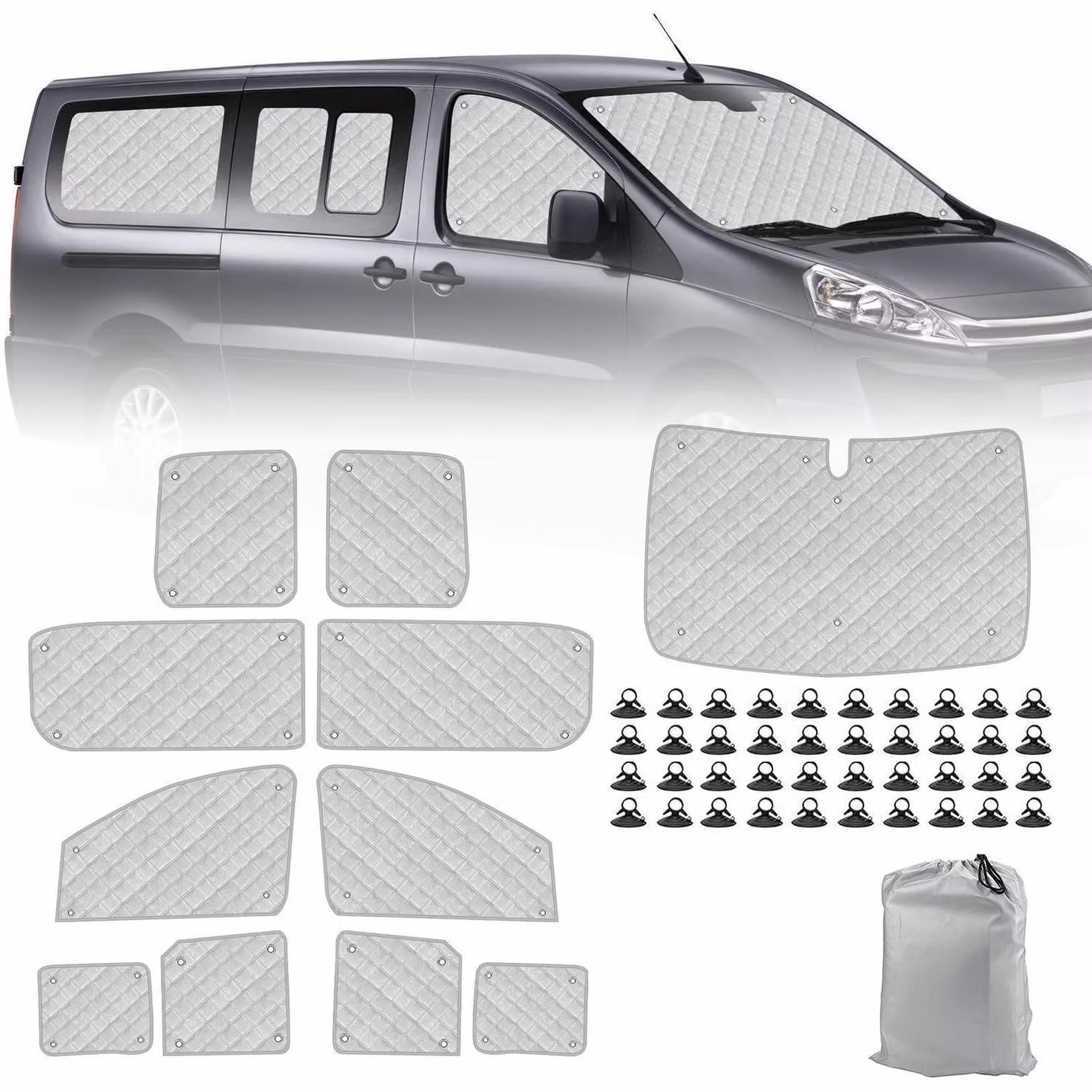 Tappetini termici per l'abitacolo, set da 11 pezzi, per Citroen Dispatch dal 2006 al 2016, versione a passo lungo, con protezione solare e isolamento