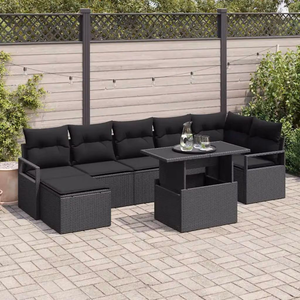 Set Divano da Giardino vidaXL 8 Pezzi con Poltroncina, Tavolino e Contenitore, Design Moderno a L Nero con Cuscini Imbottiti e Struttura in Acciaio – 1