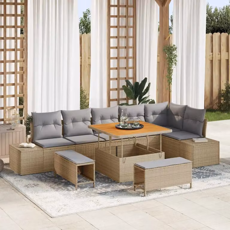 Set Divano da Giardino vidaXL 9 Pezzi Beige con Cuscini e Tavolino in Polyrattan e Acciaio