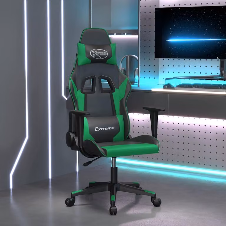Sedia da Gaming vidaXL Multicolore Nera e Verde in Similpelle con Poggiatesta e Ruote
