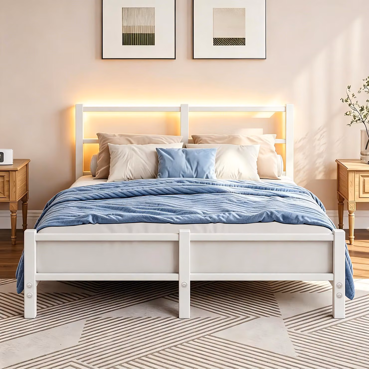 Letto matrimoniale in metallo con illuminazione a LED e base di ricarica, dimensioni 120 x 200 cm