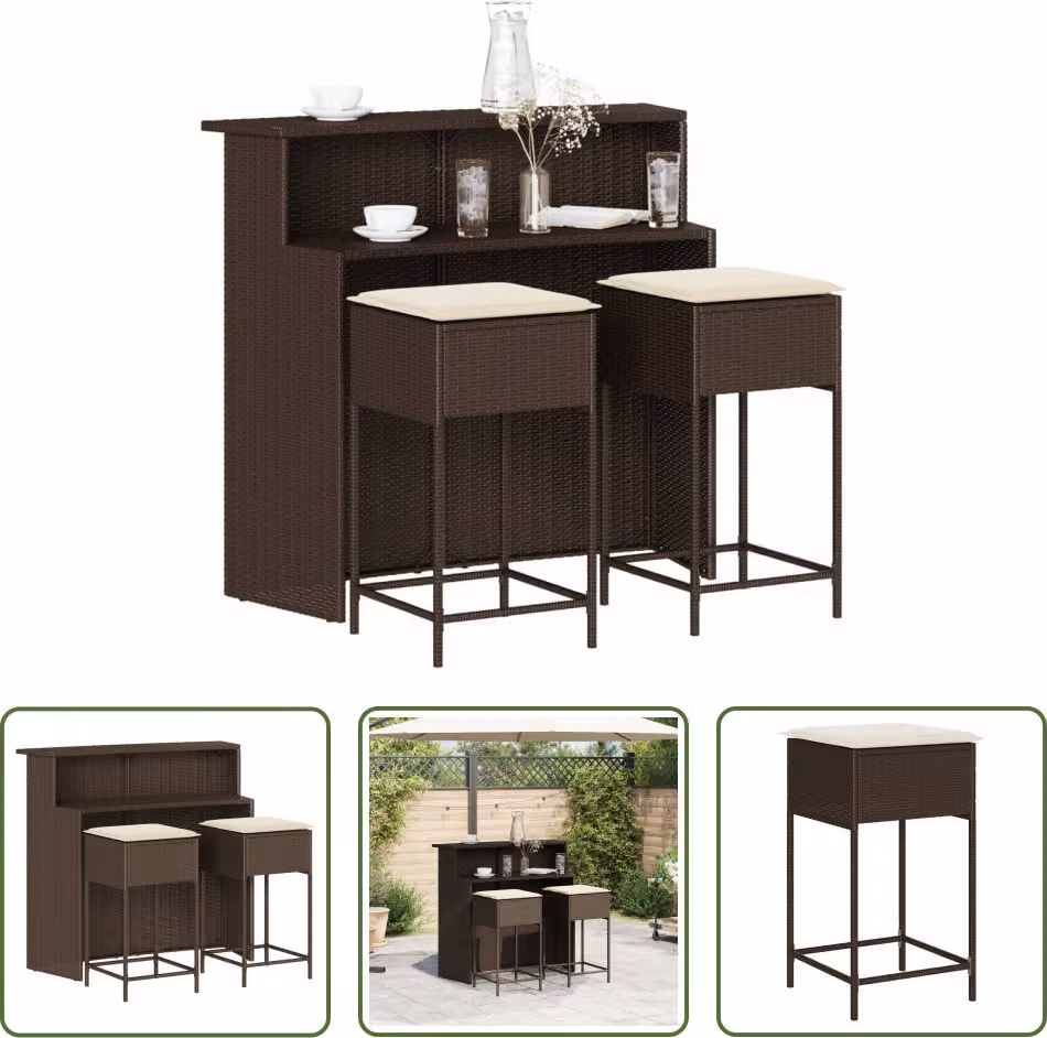 Set da bar da giardino The Living Store, 3 pezzi, con cuscini, in polyrattan marrone