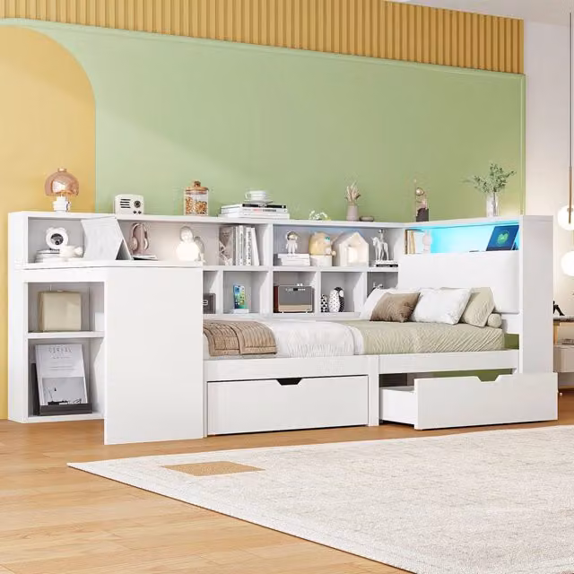 Letto a piattaforma a L 90x200 - Zephmum - Con scrivania, libreria, testiera imbottita, cassetti e luci LED - Bianco