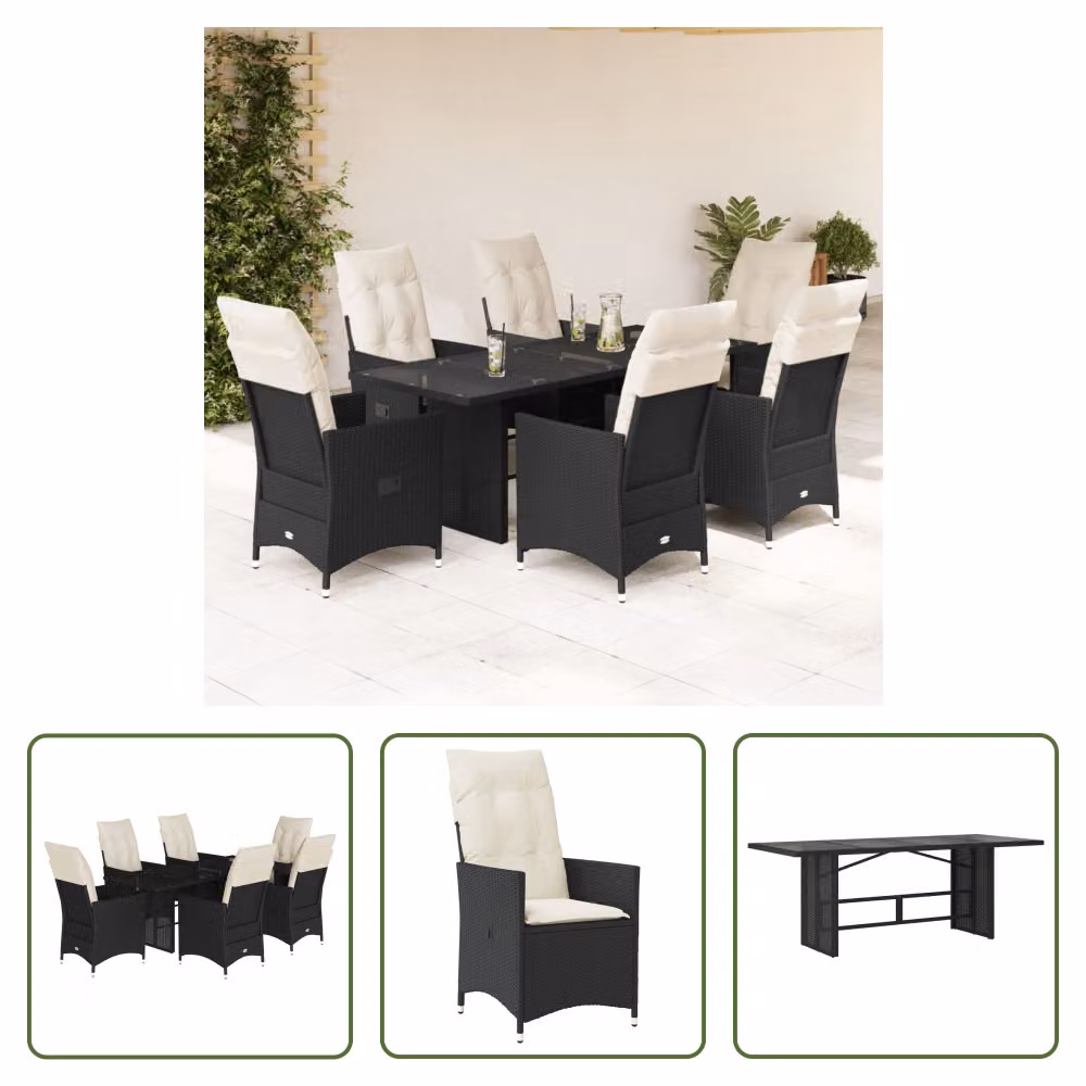 The Living Store Set da pranzo da giardino 7 pezzi con cuscini in polirattan nero
