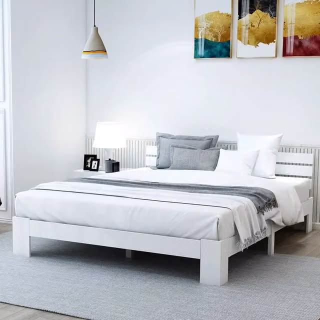 Letto matrimoniale OKWISH in pino massello bianco con testiera e spazio sottostante, L/P/H: 140 x 200 x 76,5 cm