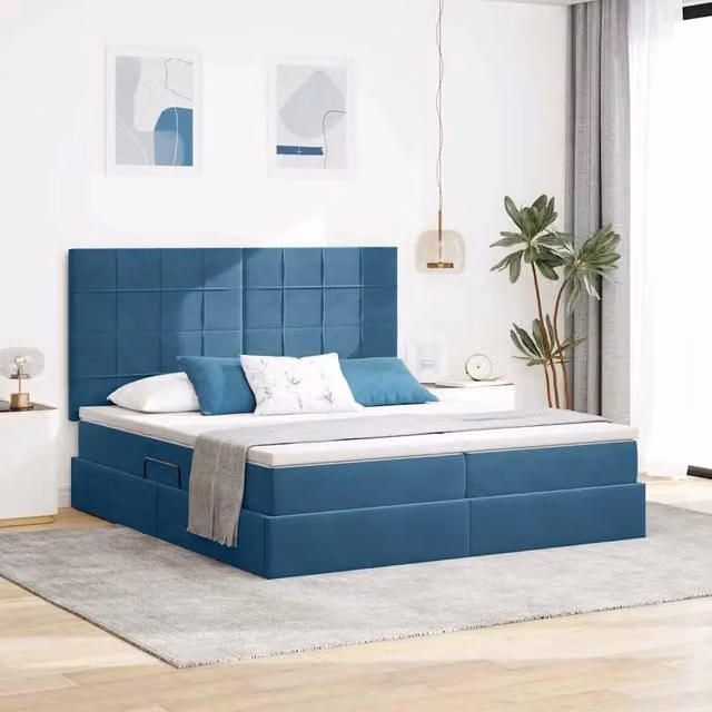 Letto con contenitore vidaXL in velluto blu con illuminazione LED, porta USB e materasso ibrido L/P/H: 204 x 200 x 128 cm – 1