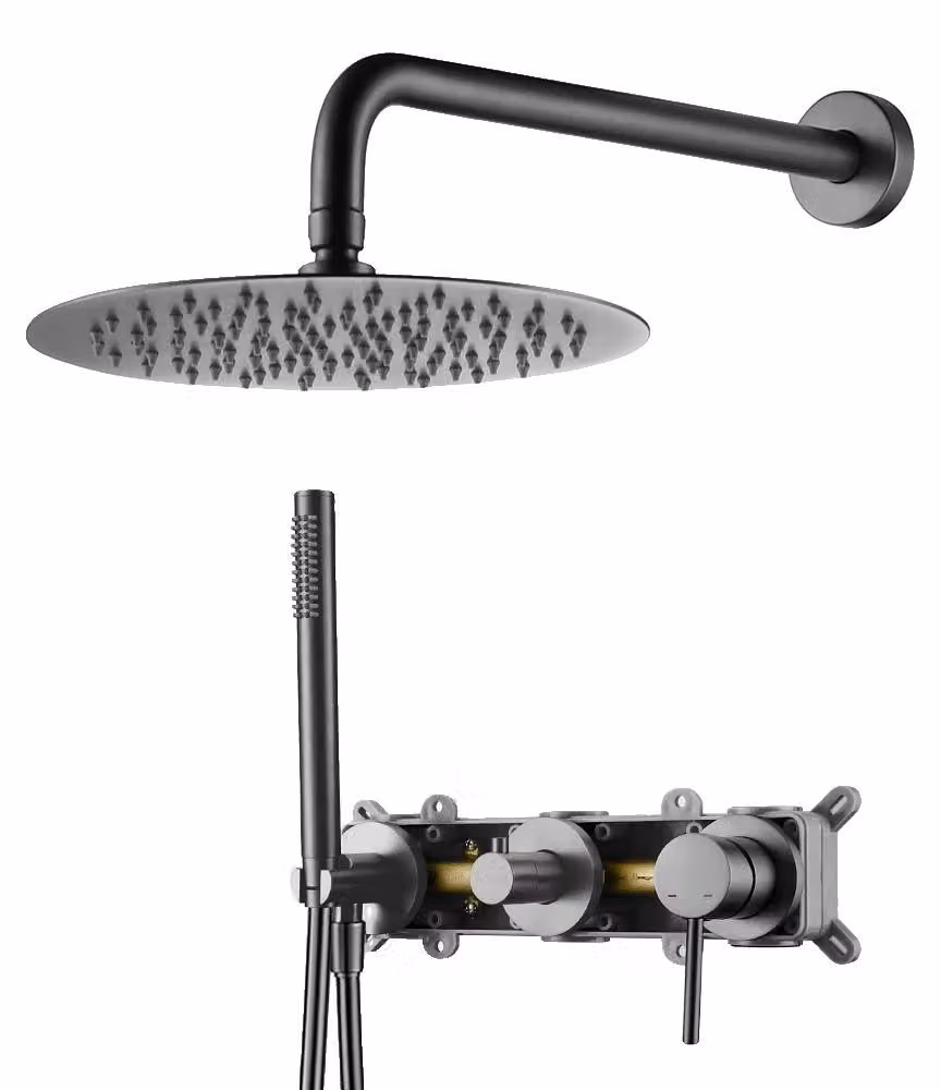 Sistema doccia, sistema doccia a due funzioni, struttura in ottone, finitura gunmetal, dimensioni 10 pollici