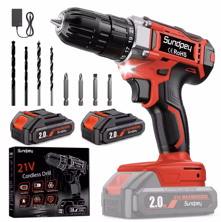 Set di avvitatori a batteria, 21 V, 2 batterie da 2,0 Ah, 45 Nm di coppia, 25+1 livelli di coppia, mandrino autoserrante da 10 mm