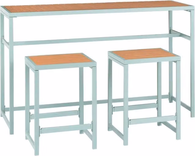 Set da giardino 3 elementi per interni ed esterni, tavolo e 2 sgabelli, acciaio, legno plastico verde chiaro design moderno