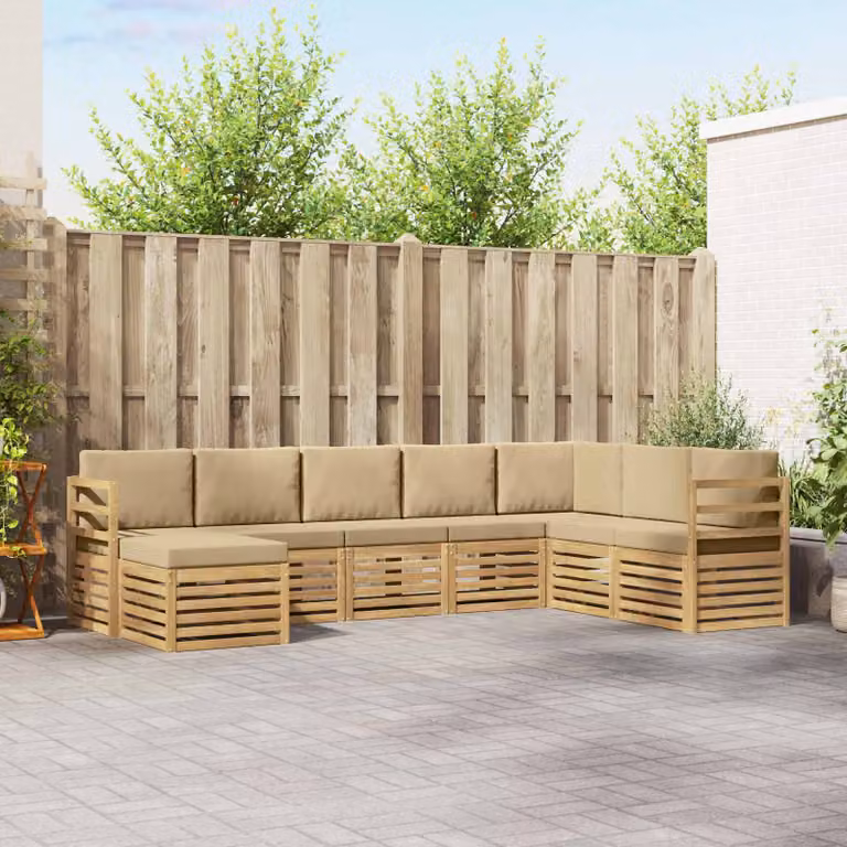 Set di divani da esterno vidaXL 8 pz a forma di L con pouf, struttura in legno di acacia e cuscini in poliestere bianco e beige