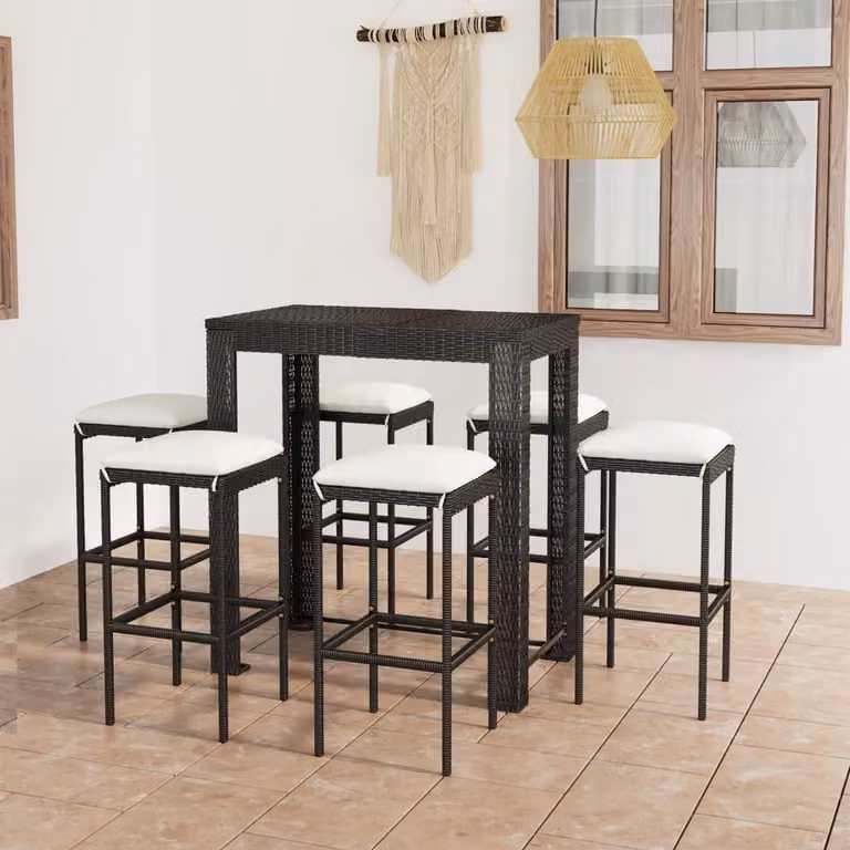The Living Store Set da bar da giardino 7 pezzi con cuscini in poly rattan nero