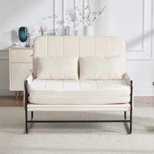 Divano letto MIVRAY a 2 posti in tessuto beige con struttura in metallo nero e cuscini inclusi, ideale per soggiorno o camera da letto