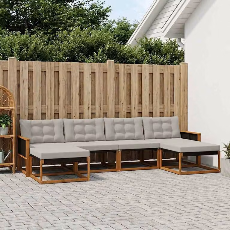 Set di divani da esterno vidaXL a forma di L composto da 6 pezzi in legno di acacia e textilene, colore beige e grigio