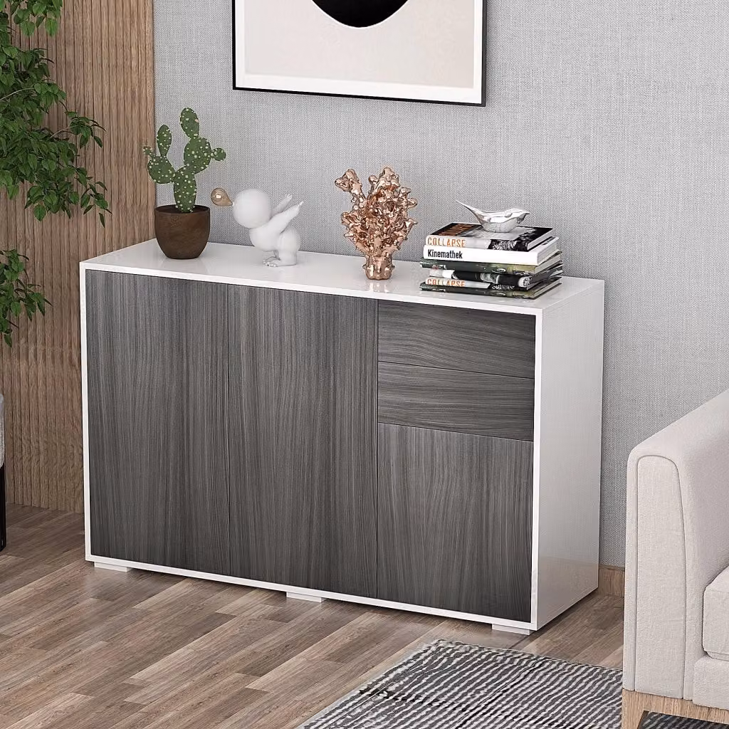 Mobile Credenza Minimalista GIORDANOSHOP in Legno Bianco e Grigio con Finitura Lucida L: 117 cm, P: 36 cm, H: 74 cm – 2