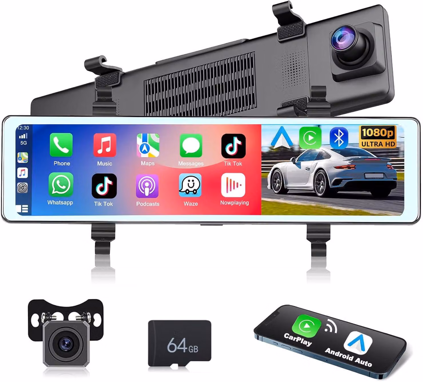 Telecamera da cruscotto con specchietto retrovisore, dotata di schermo touch IPS da 11,26 pollici, connettività wireless Apple CarPlay e Android Auto, e doppia fotocamera da 1080p