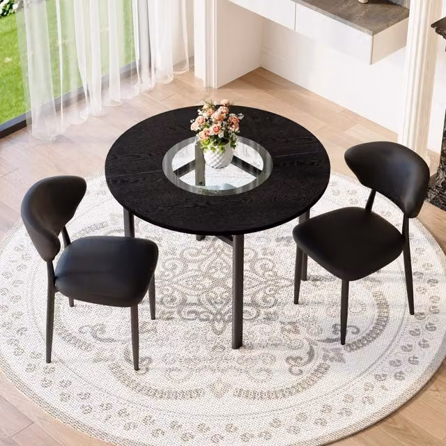 Set tavolo e sedie da pranzo con tavolo rotondo e 2 sedie, ripiano in vetro, in MDF, metallo e similpelle nera