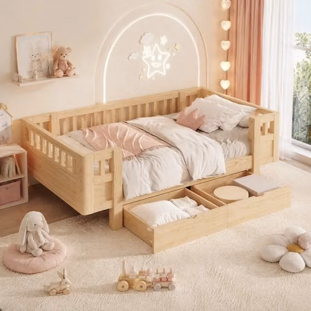 Letto singolo ULEVR 90x200 cm con sponde di protezione alte e 2 cassetti, legno naturale