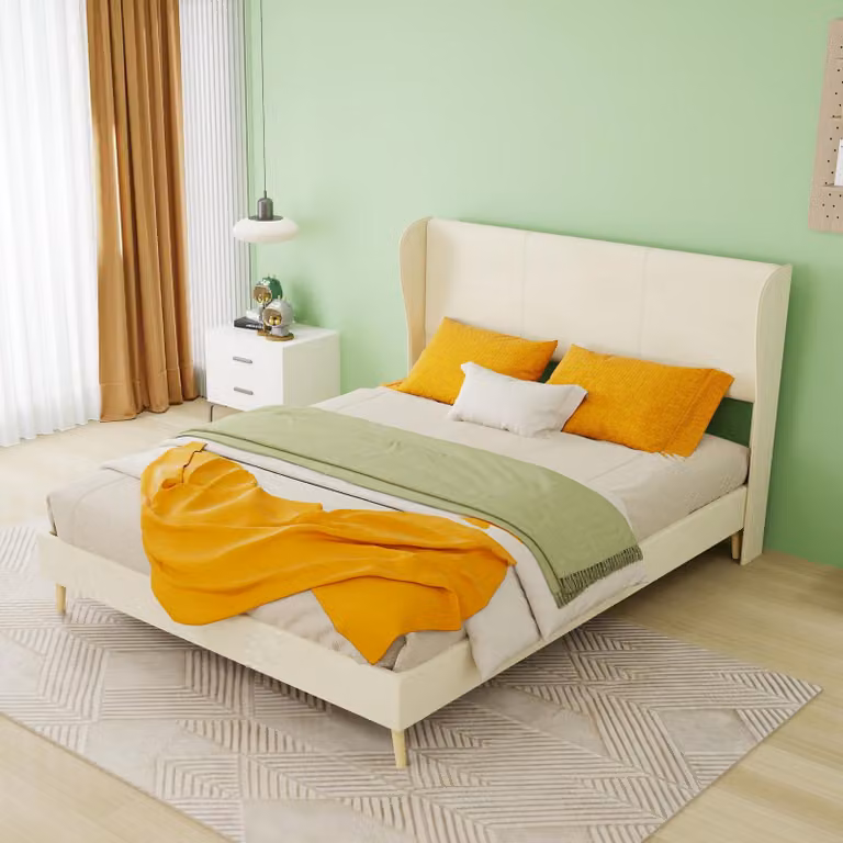 Letto imbottito 160x200 cm con spazio contenitore, porte USB-C e prese di corrente, struttura in tessuto simile al lino con poggiatesta regolabile e rete a doghe