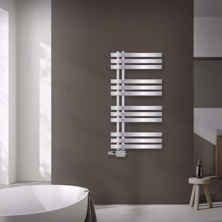 Radiatore da bagno LuxeBath Design, 500x1000 mm, cromo, set di collegamento termostatico universale ad angolo e passante, senza elemento riscaldante